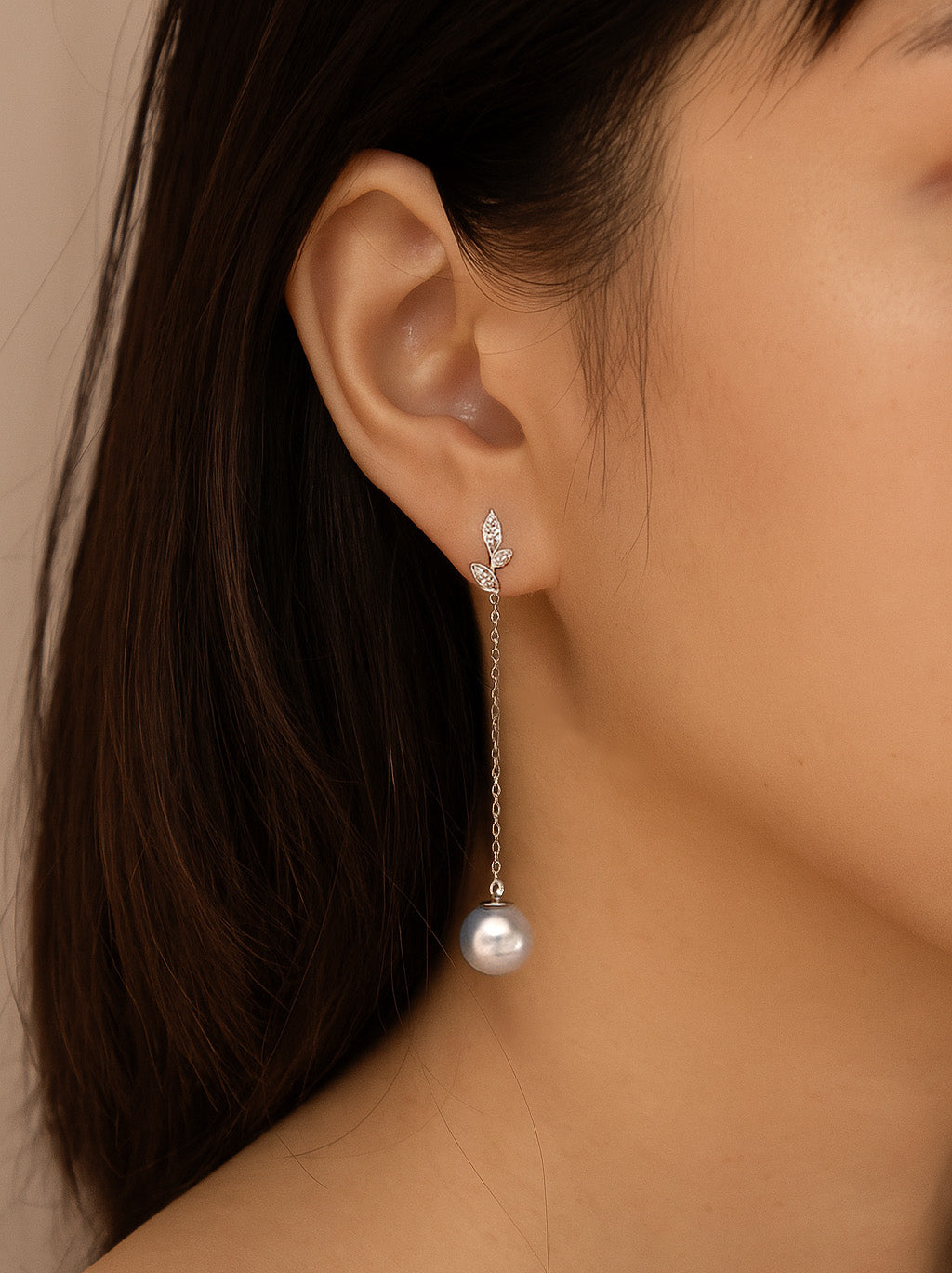 Sale Final - Madama Color 5-star Grade 7.5-8.0mm Silver Akoya Pearl Leaf Thread Earrings with Certificate