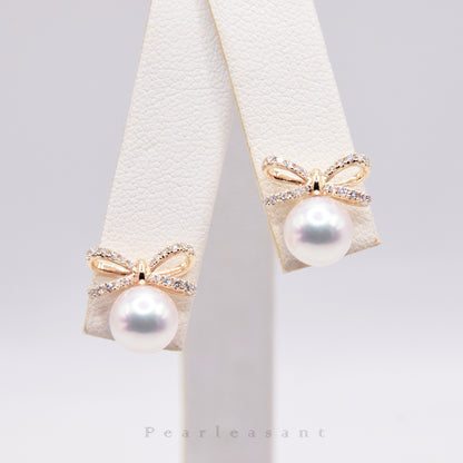 Hanadama Grade 7.0-8.0mm White Akoya Pearl Celestia Twin Bowtie Earrings with Certificate
