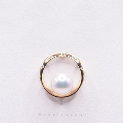 Hanadama Grade 8.5-9.0mm White Akoya Pearl Circle Diamond Pendant