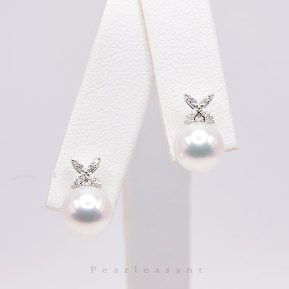 Hanadama Grade 8.0-8.5mm White Akoya Pearl Classic Clove Earrings with Certificate