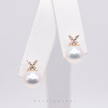 Hanadama Grade 8.0-8.5mm White Akoya Pearl Classic Clove Earrings with Certificate