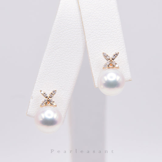 Hanadama Grade 8.0-8.5mm White Akoya Pearl Classic Clove Earrings with Certificate