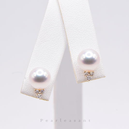 Sale Final - Hanadama Grade 8.0-8.5mm Natural White Akoya Pearl Trio Diamond Earrings with Certificate