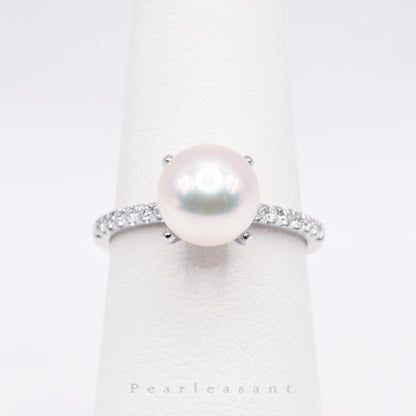 Hanadama Grade 8.0-8.5mm White Akoya Pearl Prong Setting Diamond Ring with Certificate (Pre-order)