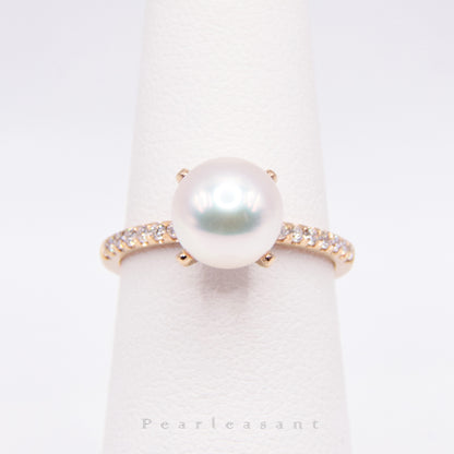 Hanadama Grade 8.0-8.5mm White Akoya Pearl Prong Setting Diamond Ring with Certificate (Pre-order)