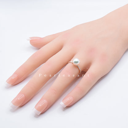 Hanadama Grade 8.0-8.5mm White Akoya Pearl Prong Setting Diamond Ring with Certificate (Pre-order)