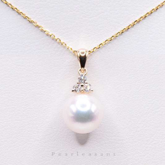 Hanadama Grade 8.5-9.0mm White Akoya Pearl Trio Diamond Pendant with Certificate