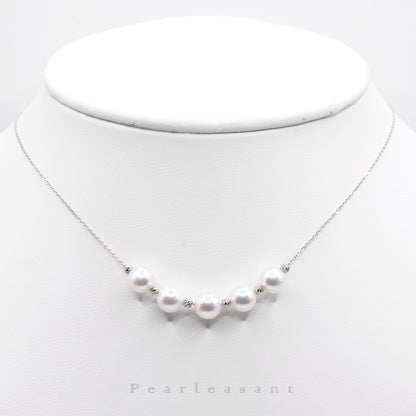 Hanadama Grade Adjustable Five 6.5-7.0mm White Akoya Pearls 14K Gold Station Necklace