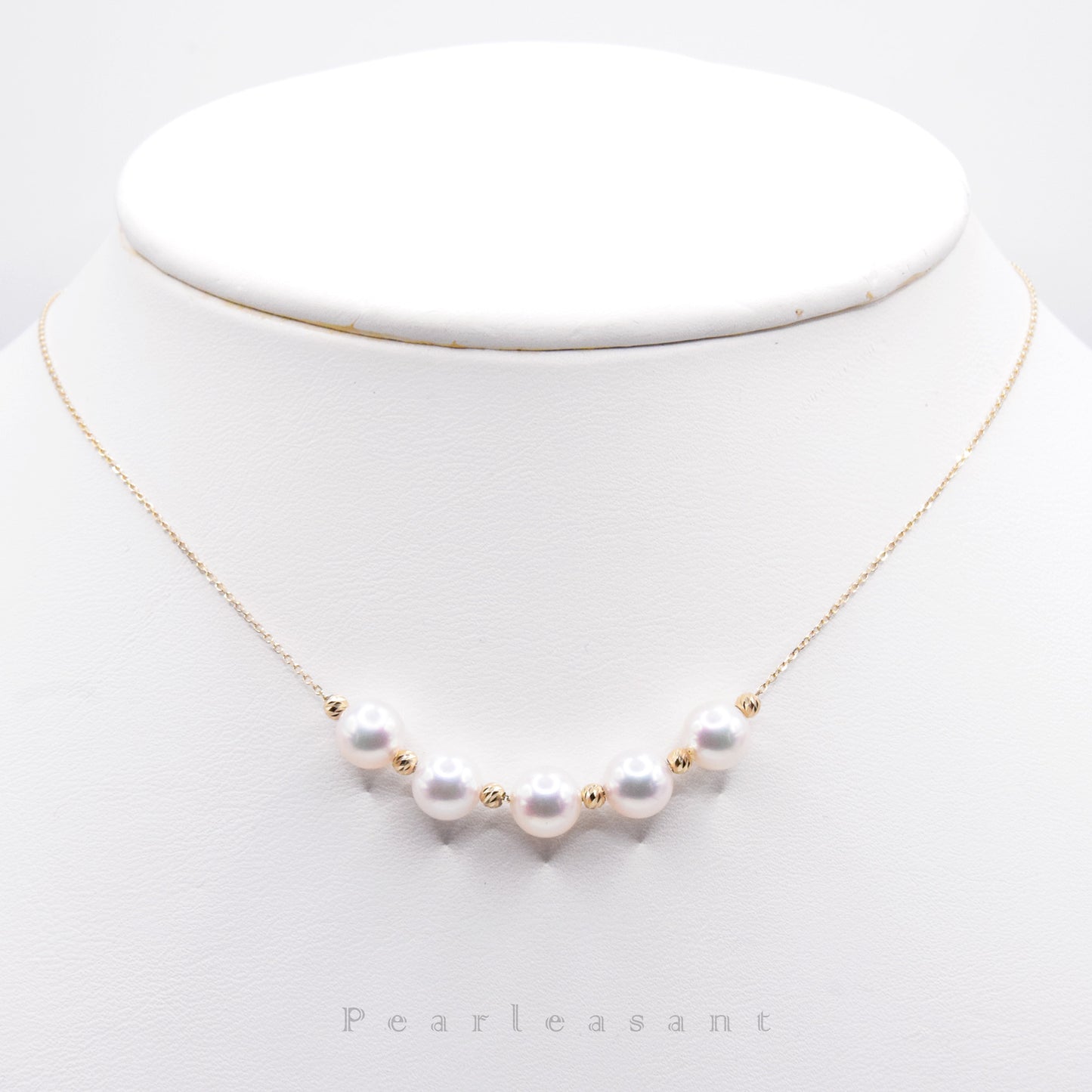 Hanadama Grade Adjustable Five 6.5-7.0mm White Akoya Pearls 14K Gold Station Necklace