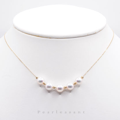 Hanadama Grade Adjustable Five 6.5-7.0mm White Akoya Pearls 14K Gold Station Necklace