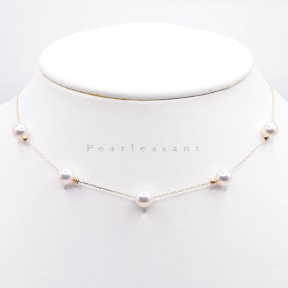 Hanadama Grade Adjustable Five 6.5-7.0mm White Akoya Pearls 14K Gold Station Necklace