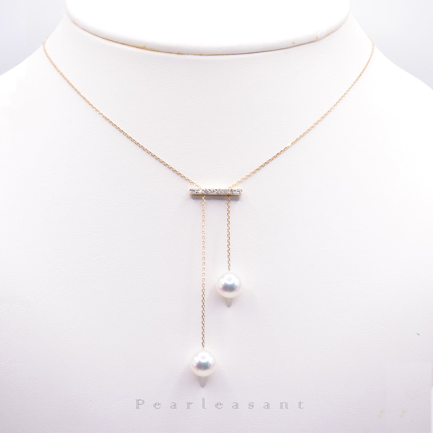 Hanadama Grade 7.5-8.0mm Natural White Akoya Pearls Asymmetric Diamond Bar Adjustable Pendant with Certificate