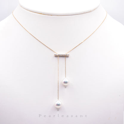 Hanadama Grade 7.5-8.0mm Natural White Akoya Pearls Asymmetric Diamond Bar Adjustable Pendant with Certificate