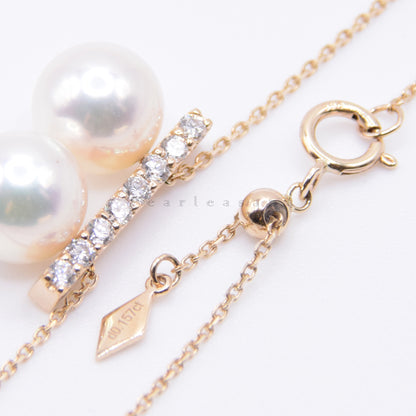 Hanadama Grade 7.5-8.0mm Natural White Akoya Pearls Asymmetric Diamond Bar Adjustable Pendant with Certificate