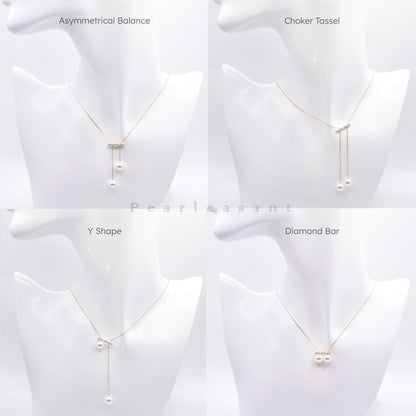 Hanadama Grade 7.5-8.0mm Natural White Akoya Pearls Asymmetric Diamond Bar Adjustable Pendant with Certificate