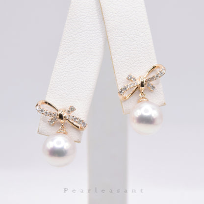 Hanadama Grade 8.0-8.5mm White Akoya Pearl Charming Bowtie Earrings with Certificate