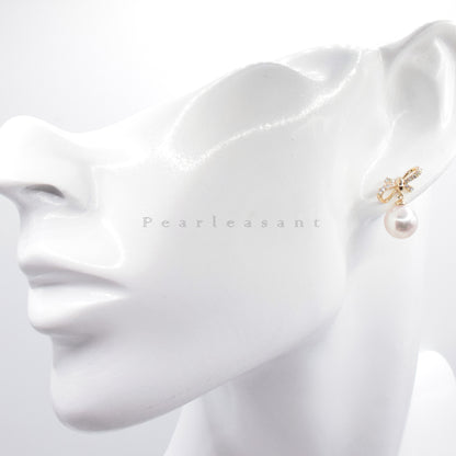Hanadama Grade 8.0-8.5mm White Akoya Pearl Charming Bowtie Earrings with Certificate