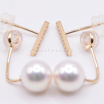 Hanadama Grade 8.0-9.0mm White Akoya Pearl Detachable Diamond Bar Earrings with Certificate