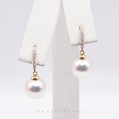 Hanadama Grade 8.0-9.0mm White Akoya Pearl Diamond Arc Earrings with Certificate
