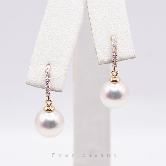 Hanadama Grade 8.0-9.0mm White Akoya Pearl Diamond Arc Earrings with Certificate