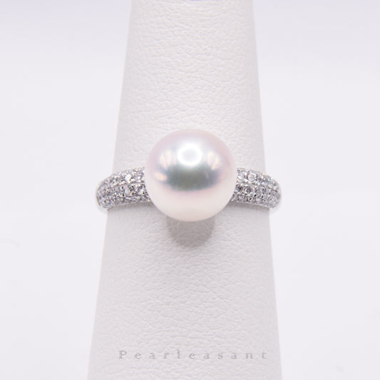 Hanadama Grade 8.5-9.0mm White Akoya Pearl Diamond Pave Ring with Certificate (Pre-order)