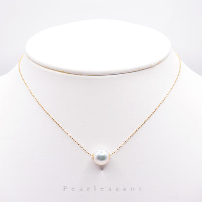Hanadama Grade 9.0-9.5mm White Akoya Pearl Diamond Floating Pendant with Chain