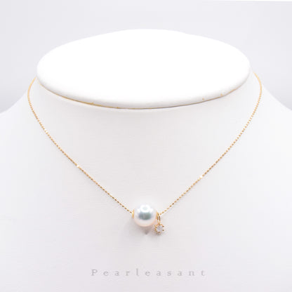 Hanadama Grade 9.0-9.5mm White Akoya Pearl Diamond Floating Pendant with Chain