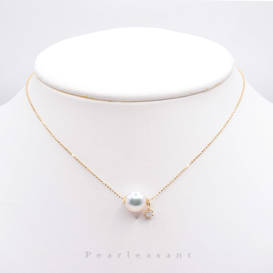 Hanadama Grade 9.0-9.5mm White Akoya Pearl Diamond Floating Pendant with Chain