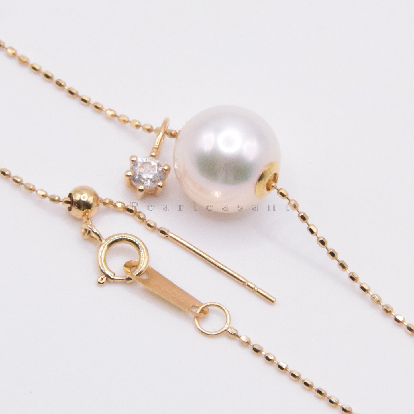 Hanadama Grade 9.0-9.5mm White Akoya Pearl Diamond Floating Pendant with Chain