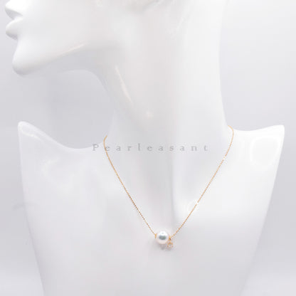 Hanadama Grade 9.0-9.5mm White Akoya Pearl Diamond Floating Pendant with Chain