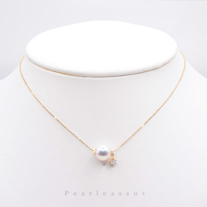 Hanadama Grade 8.5-9.0mm Natural White Akoya Pearl Diamond Floating Pendant with Certificate
