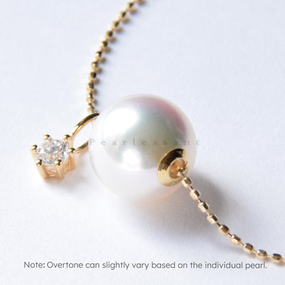 Hanadama Grade 9.0-9.5mm White Akoya Pearl Diamond Floating Pendant with Chain