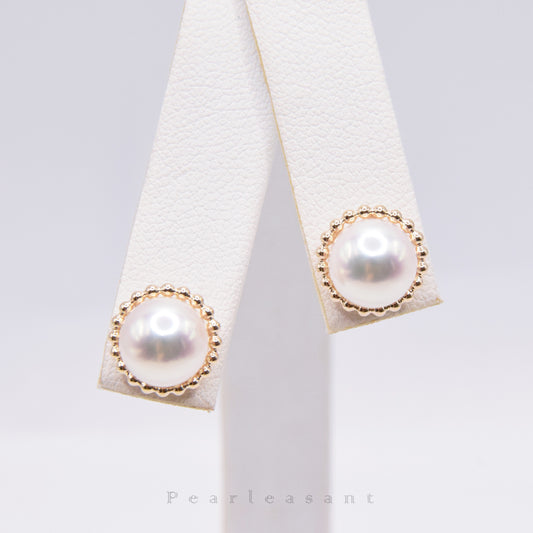 Hanadama Grade 8.0-8.5mm Natural White Akoya Pearl Gold Sunflower Earrings with Certificate