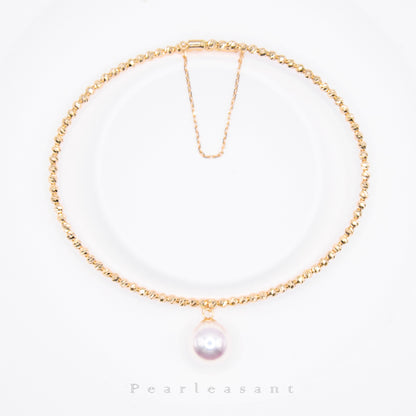 Hanadama Grade 8.0-8.5mm White Akoya Pearl Golden Bead Bangle with Certificate