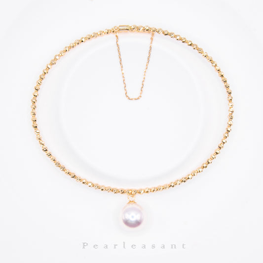 Hanadama Grade 8.0-8.5mm White Akoya Pearl Golden Bead Bangle with Certificate