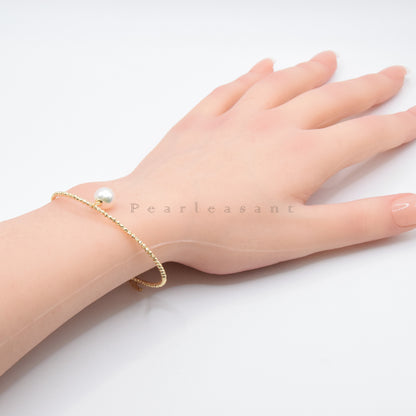 Hanadama Grade 8.0-8.5mm White Akoya Pearl Golden Bead Bangle with Certificate