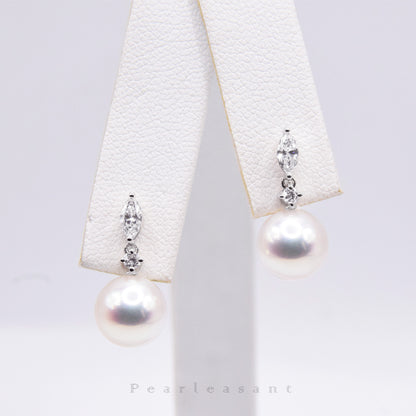Hanadama Grade 8.0-8.5mm White Akoya Pearl Marquise Earrings with Certificate