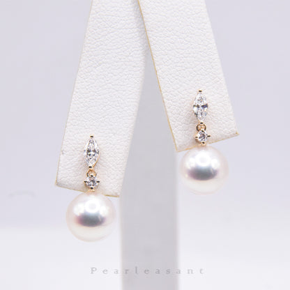 Hanadama Grade 8.0-8.5mm White Akoya Pearl Marquise Earrings with Certificate