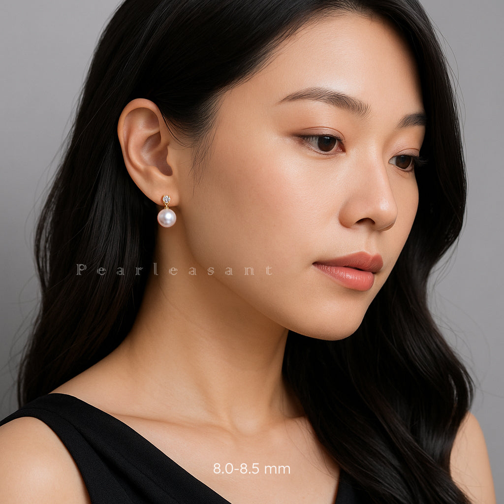 Hanadama Grade 8.0-8.5mm White Akoya Pearl Princess Droplet Earrings with Certificate