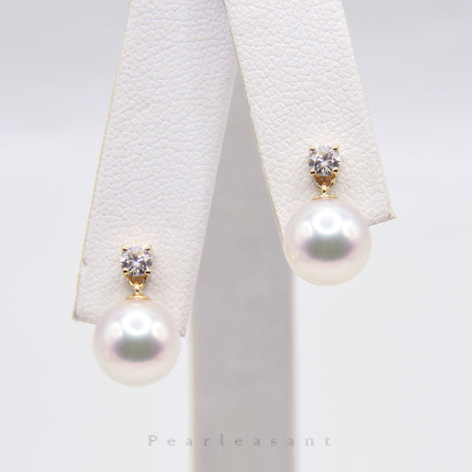 Hanadama Grade 8.0-8.5mm White Akoya Pearl Princess Droplet Earrings with Certificate