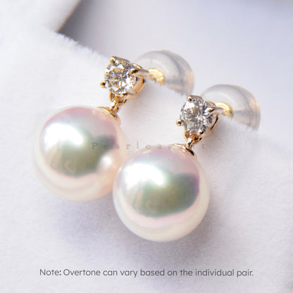 Hanadama Grade 8.0-8.5mm White Akoya Pearl Princess Droplet Earrings with Certificate