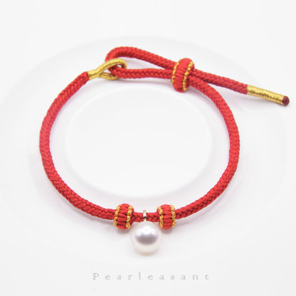 Hanadama Grade 8.5-9.0mm Natural White Akoya Pearl Red Fortune Rope Bracelet with Certificate