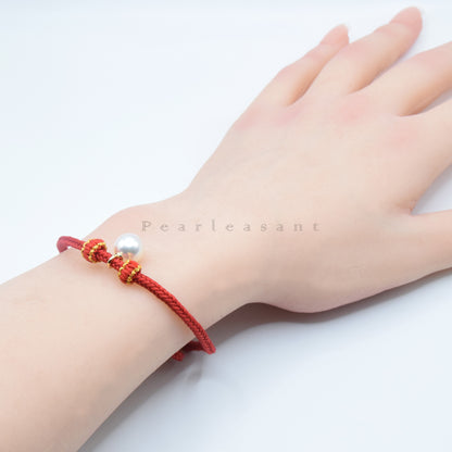 Hanadama Grade 8.5-9.0mm Natural White Akoya Pearl Red Fortune Rope Bracelet with Certificate