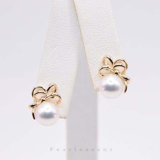 Hanadama Grade Lovely 7.0-7.5mm White Akoya Pearl Ribbon Earrings with Certificate