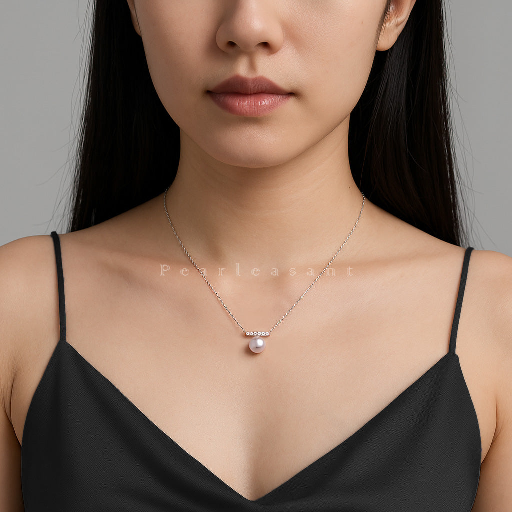 Sale Final - Hanadama Grade 7.5-8.0mm White Akoya Pearl Diamond Bar Pendant