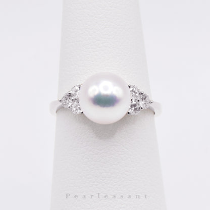 Hanadama Grade 8.5-9.0mm White Akoya Pearl Trio Diamond Ring with Certificate (Pre-order)