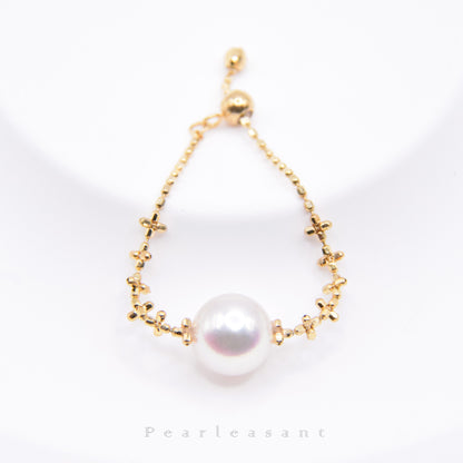 Hanadama Grade Super Luster 6.5-7.0mm White Akoya Pearl Adjustable Cross Chain Ring
