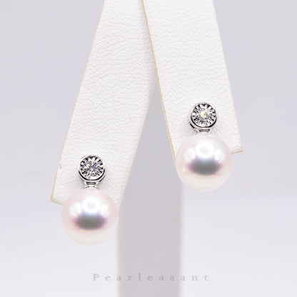 Hanadama Grade 8.5-9.0mm White Akoya Pearl Bubble Earrings with Certificate
