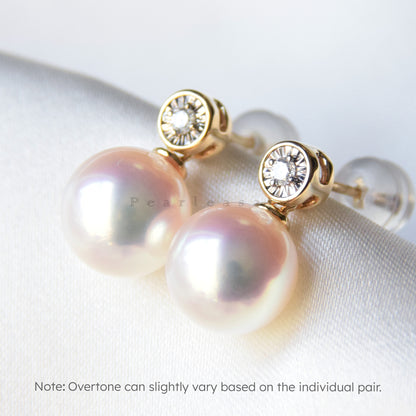 Hanadama Grade 8.5-9.0mm White Akoya Pearl Bubble Earrings with Certificate