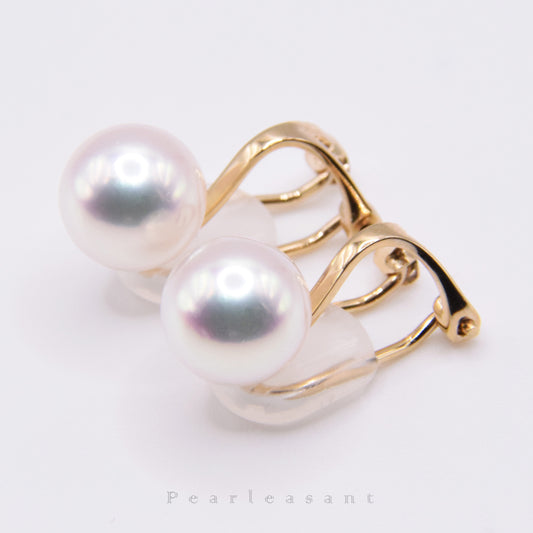 Hanadama Grade 8.0-9.0mm White Akoya Pearl Earring Clips with Certificate